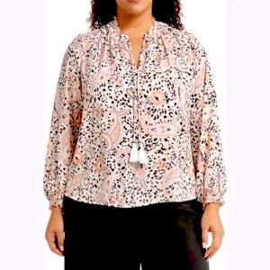 Nanette Lepore crepe chiffon boho animal print paisley peasant top. Size 1X